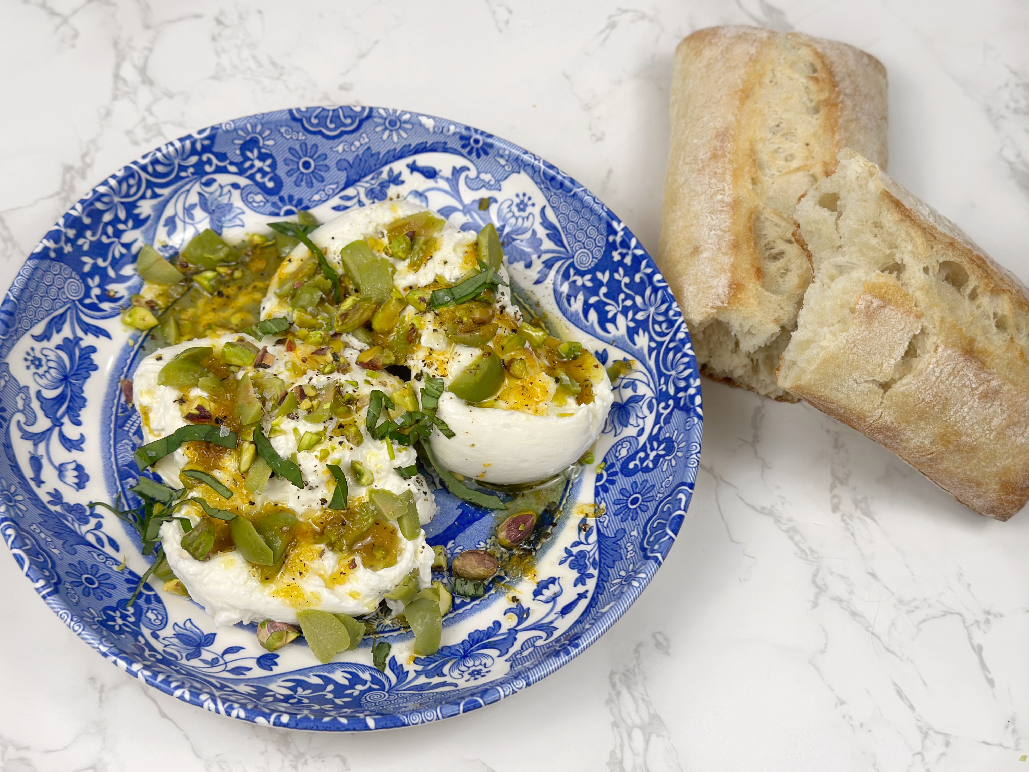 Honeyed Lemon Burrata with Pistachios & Olives